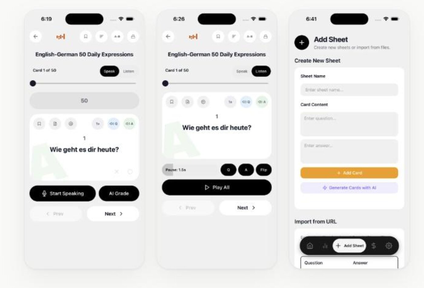 VoiceCards app: Speak, Listen, and Add Sheet screens